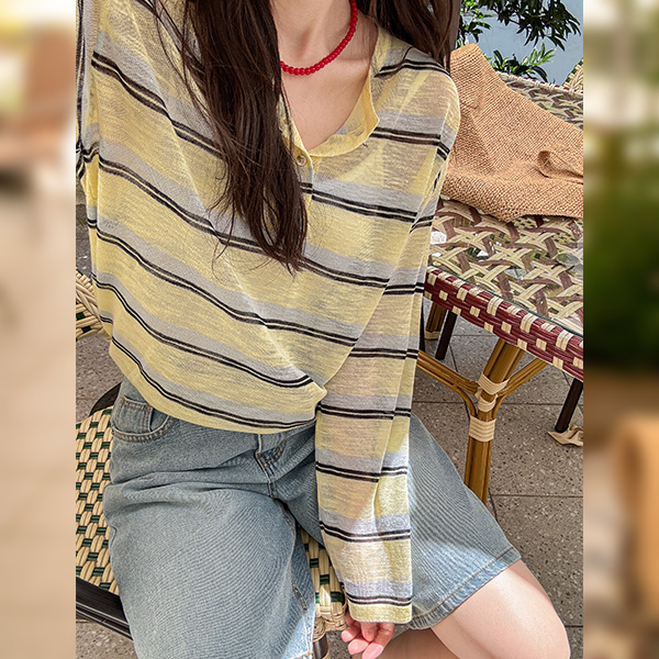 쿨 horizontal striped 헨리넥 Summer Knitwear