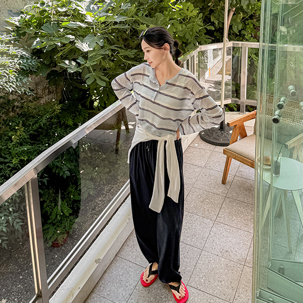 쿨 horizontal striped 헨리넥 Summer Knitwear