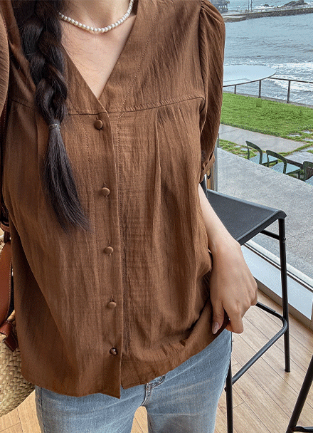 V-neck Puff Pintuck Shirring Short-sleeve Blouse Korea