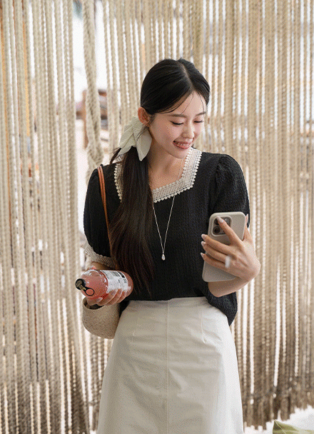 Seersucker Embroidery Lace Blouse Korea