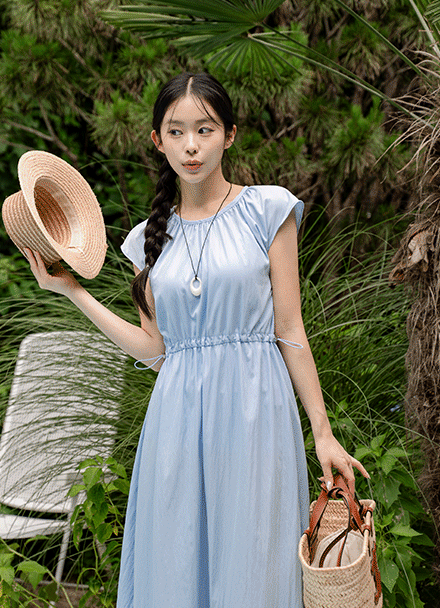 String Cap Sleeve Shirring Dress Korea