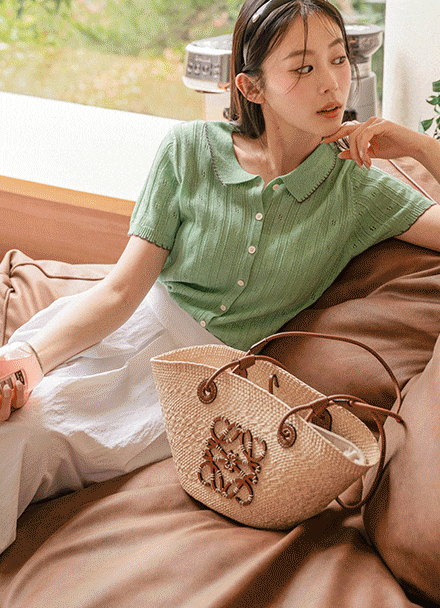 Linen Wave Color Matching Punching Short-sleeve Knitwear Korea