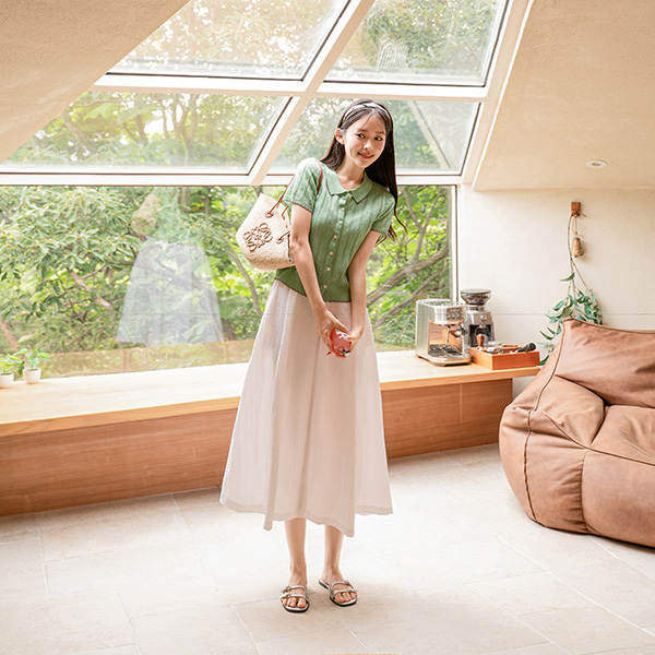 Linen Wave Color Matching Punching Short-sleeve Knitwear