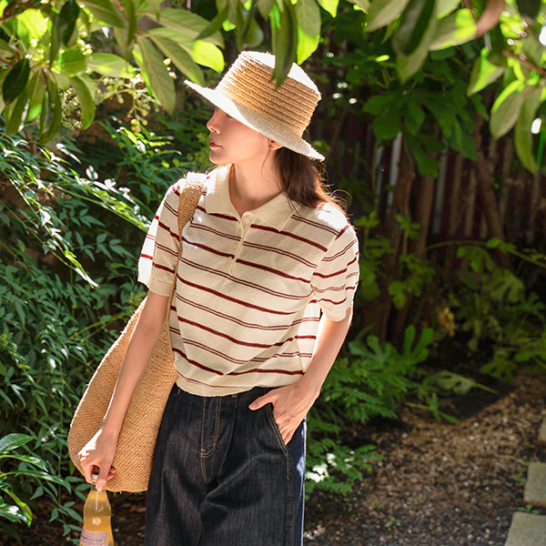 All Day Fluffy Horizontal Striped Collar Short-sleeve Knitwear