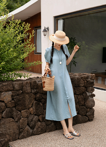 Back Line Stripe Slit Dress Korea