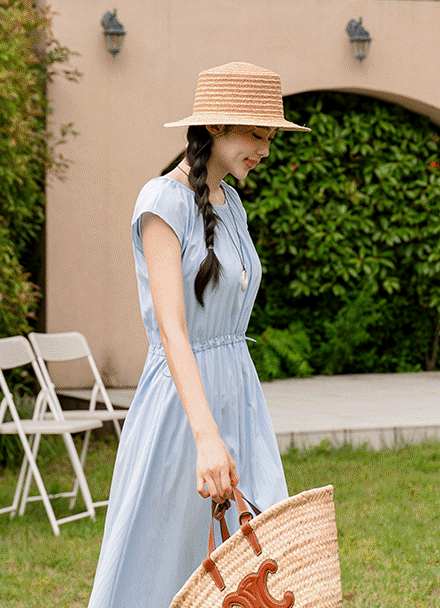String Cap Sleeve Shirring Dress Korea