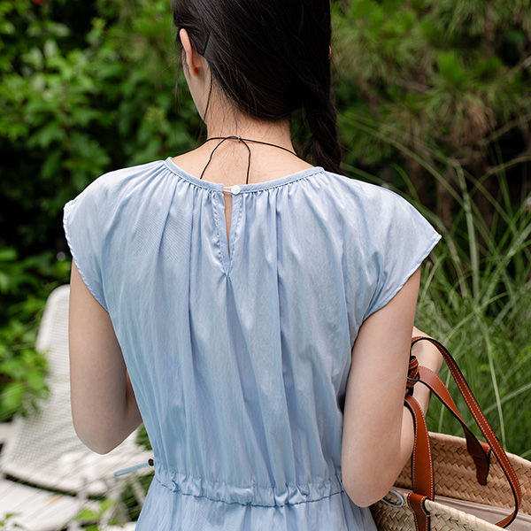 String Cap Sleeve Shirring Dress