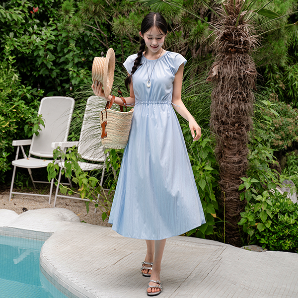 String Cap Sleeve Shirring Dress