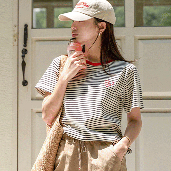 Hearting Color Matching Stripe Short-sleeve T-shirt