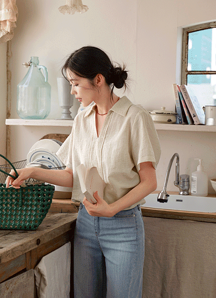 Dry Linen Half-open Blouse Korea