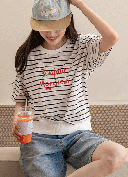 Bonjour Horizontal Striped Short-sleeve T-shirt Korea