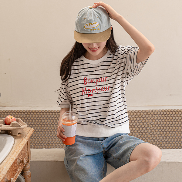 Bonjour Horizontal Striped Short-sleeve T-shirt