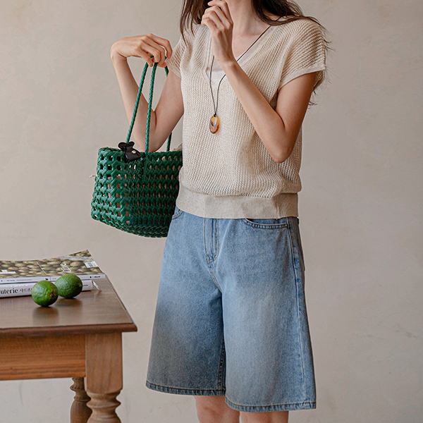 웨이 v 이중 layered 캡소매 Knitwear