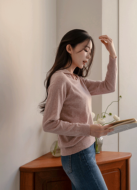 Open Collar Cashmere Wool Holment Knitwear Korea