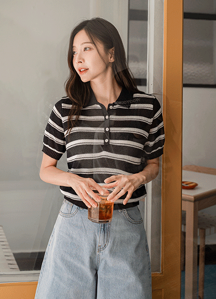 한지 Stripe Collar Summer Knitwear Korea
