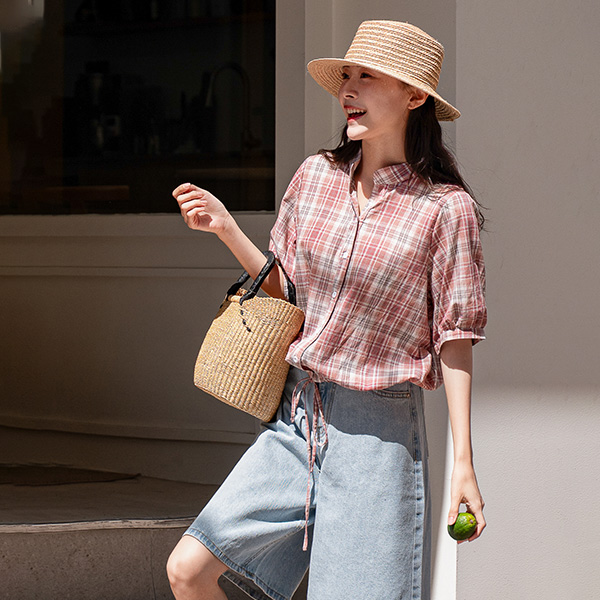 Cream China Neck Check Shirt