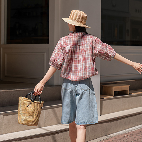 Cream China Neck Check Shirt