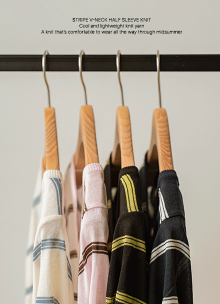 Horizontal Striped V-neck Short-sleeve Knitwear Korea