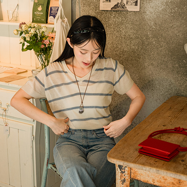Horizontal Striped V-neck Short-sleeve Knitwear