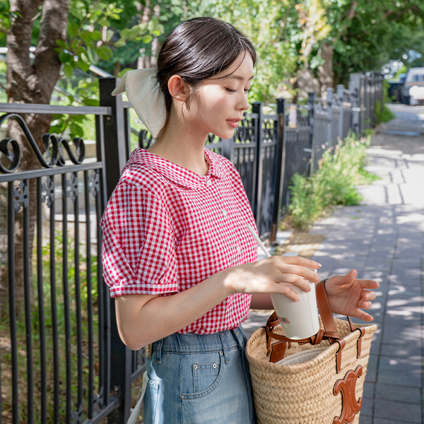 Round Collar Check Short-sleeve Blouse