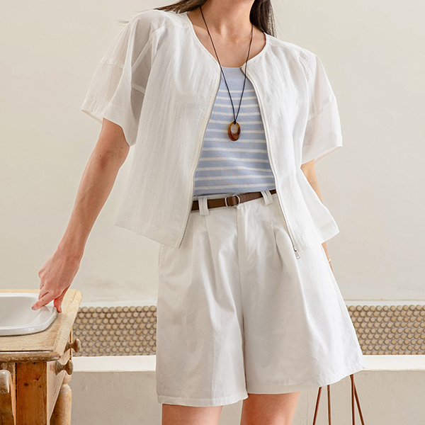 No collar 써머 Linen Short-sleeve 쿨 Jacket