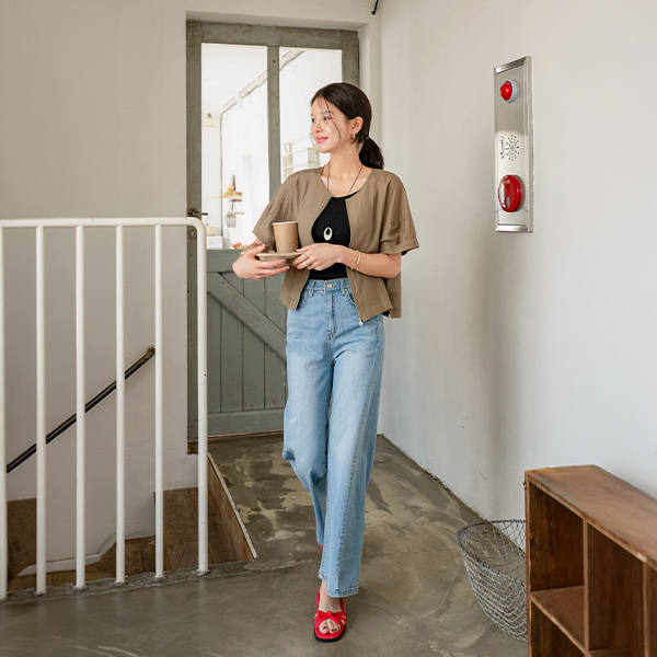 No collar 써머 Linen Short-sleeve 쿨 Jacket