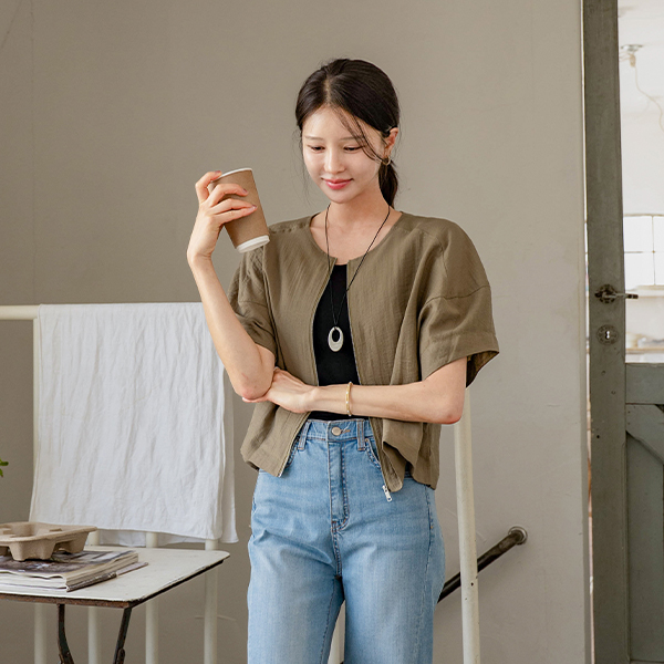 No collar 써머 Linen Short-sleeve 쿨 Jacket