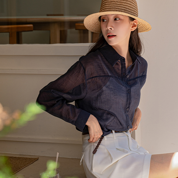 Delicate See-through Basic Collar Shirt