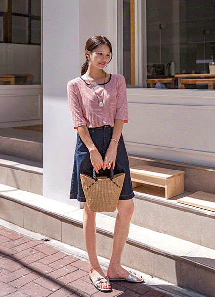 Square Stripe Half Sleeves T-shirt Korea
