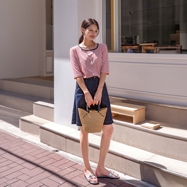 Square Stripe Half Sleeves T-shirt