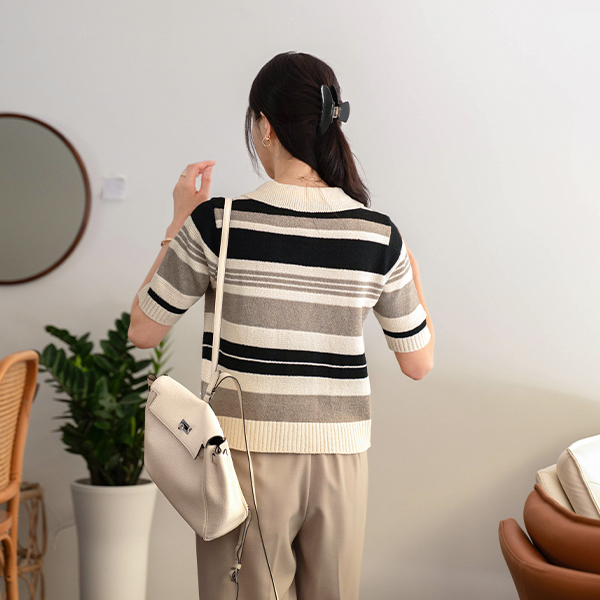 Multi Color Matching Boucle Collar Knitwear