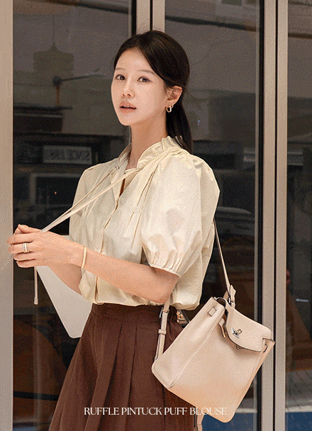 Neck Frill Pintuck Puff Blouse Korea