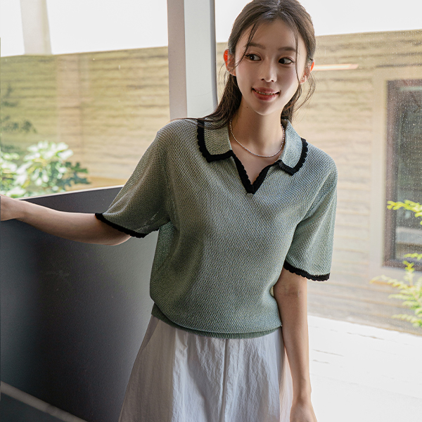 Lace Open Collar Short-sleeve Knitwear