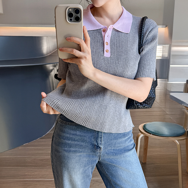 London Collar Corrugated Short-sleeve Knitwear