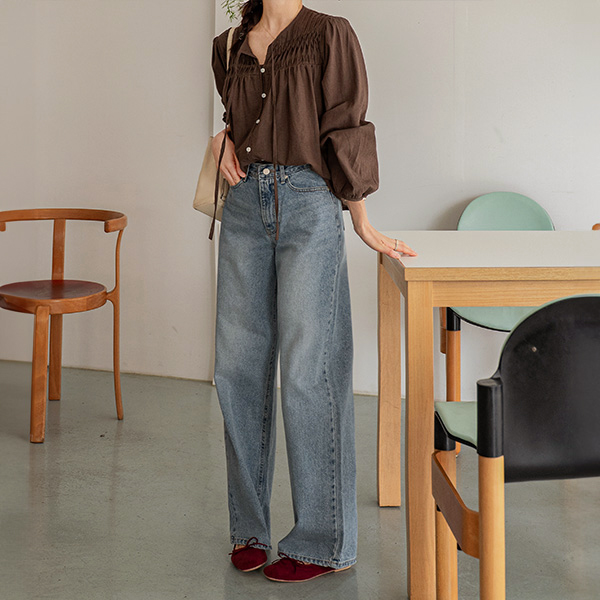 Shirring Pointy Pintuck Wrinkles Blouse