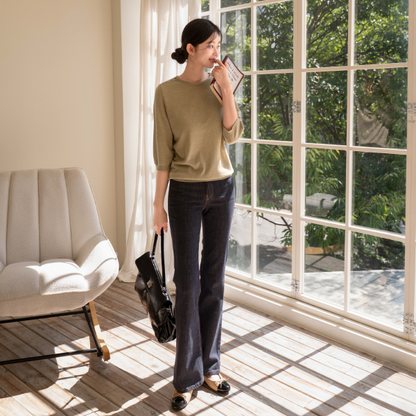 Soft Shoulder Button Half Sleeves Knitwear