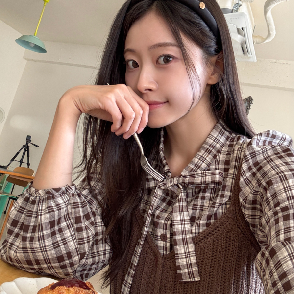 Neck Ribbon Check Blouse Bustier Set