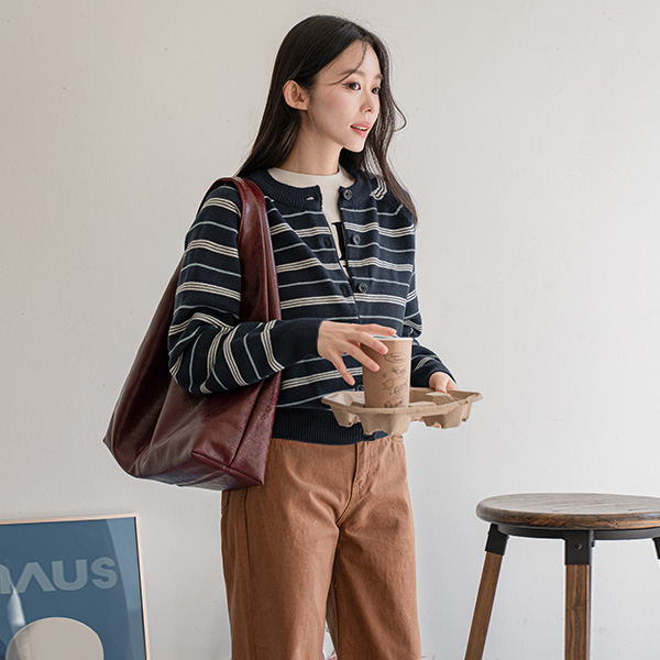 세이지 Color mix Stripe  Knitwear Cardigan