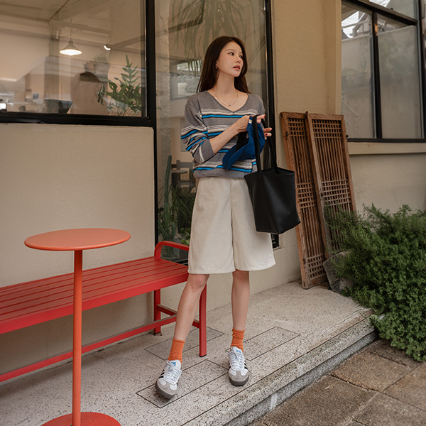 [valyou] Soft multi horizontal striped V Knitwear