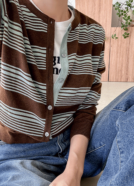 Sage Color Matching Stripe Knitwear Cardigan Korea