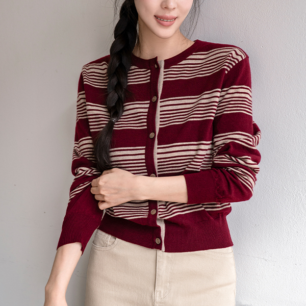 Sage Color Matching Stripe Knitwear Cardigan
