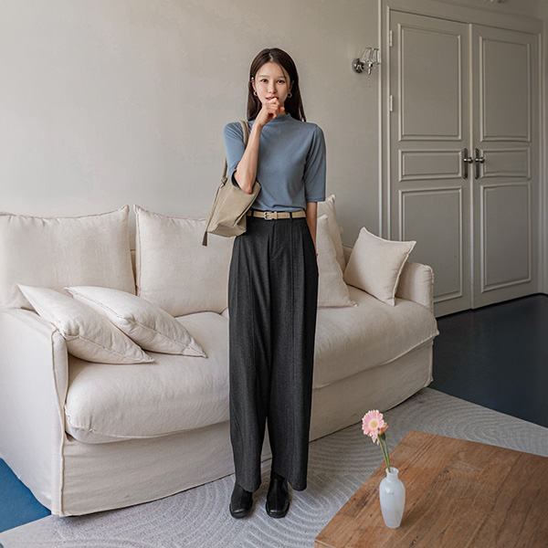 Maki Front Incision Pintuck Denim Slacks