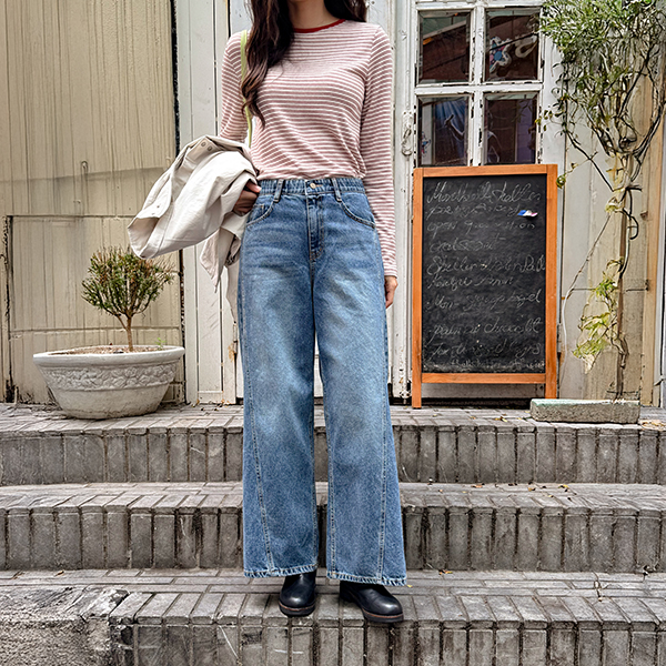 쿠버 사선절개 와이드 Denim Pants