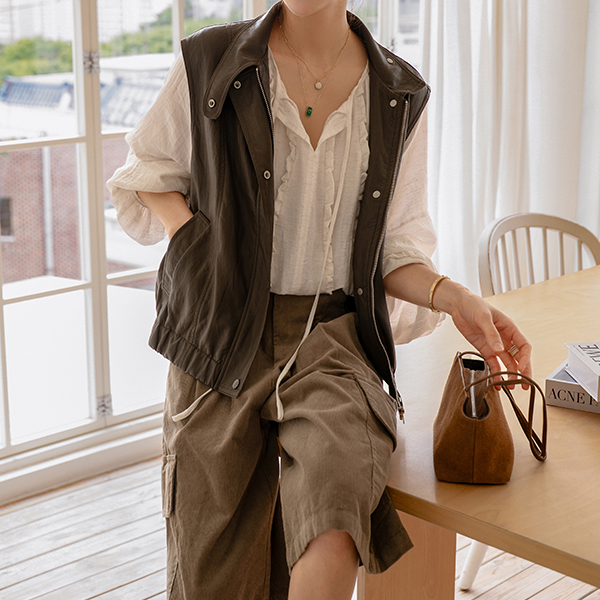 시티웨어 Highneck 스냅 레더 Vest