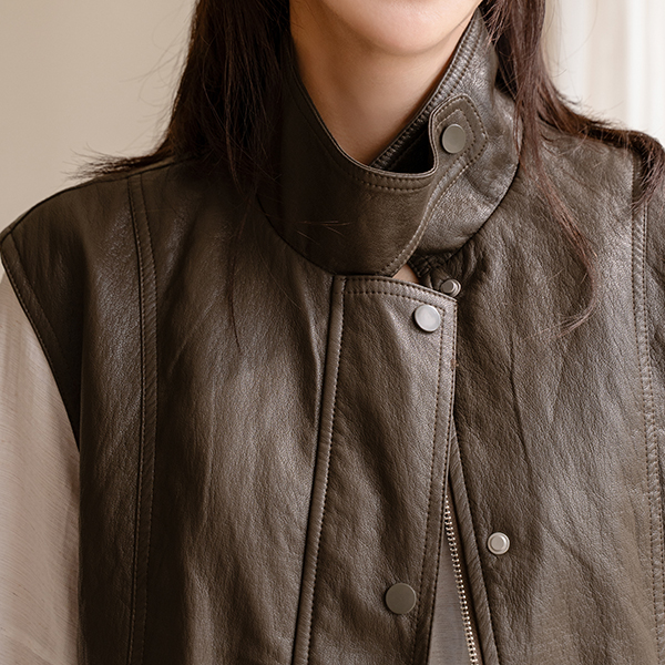 시티웨어 Highneck 스냅 레더 Vest