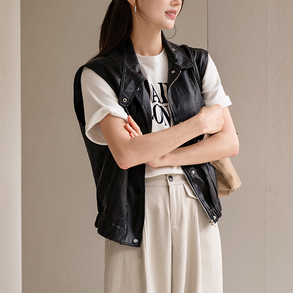 시티웨어 Highneck 스냅 레더 Vest
