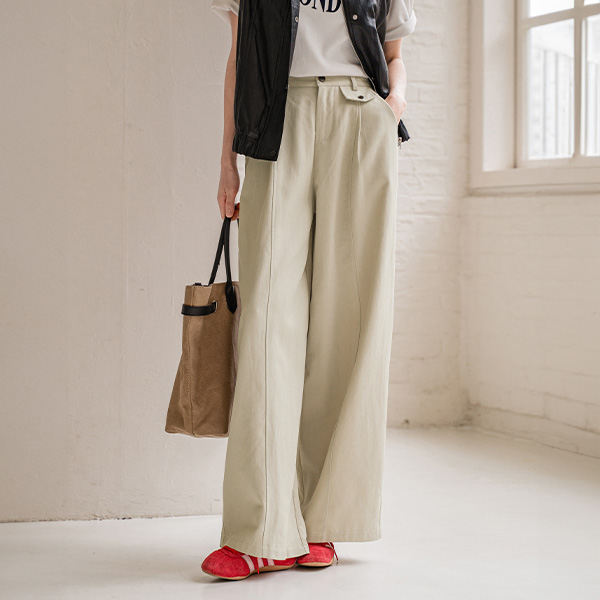 Flap Pocket Wide Pintuck Banding Pants
