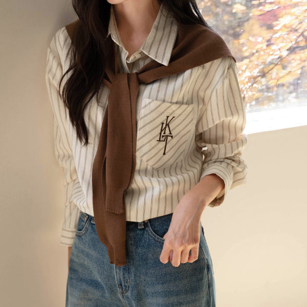 Pocket Embroidery Stripe Shawl Set Shirt