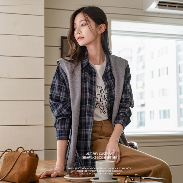 Autumn Color Matching Shawl Shirt Set