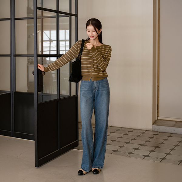 Horizontal Striped Open V Wool Cardigan